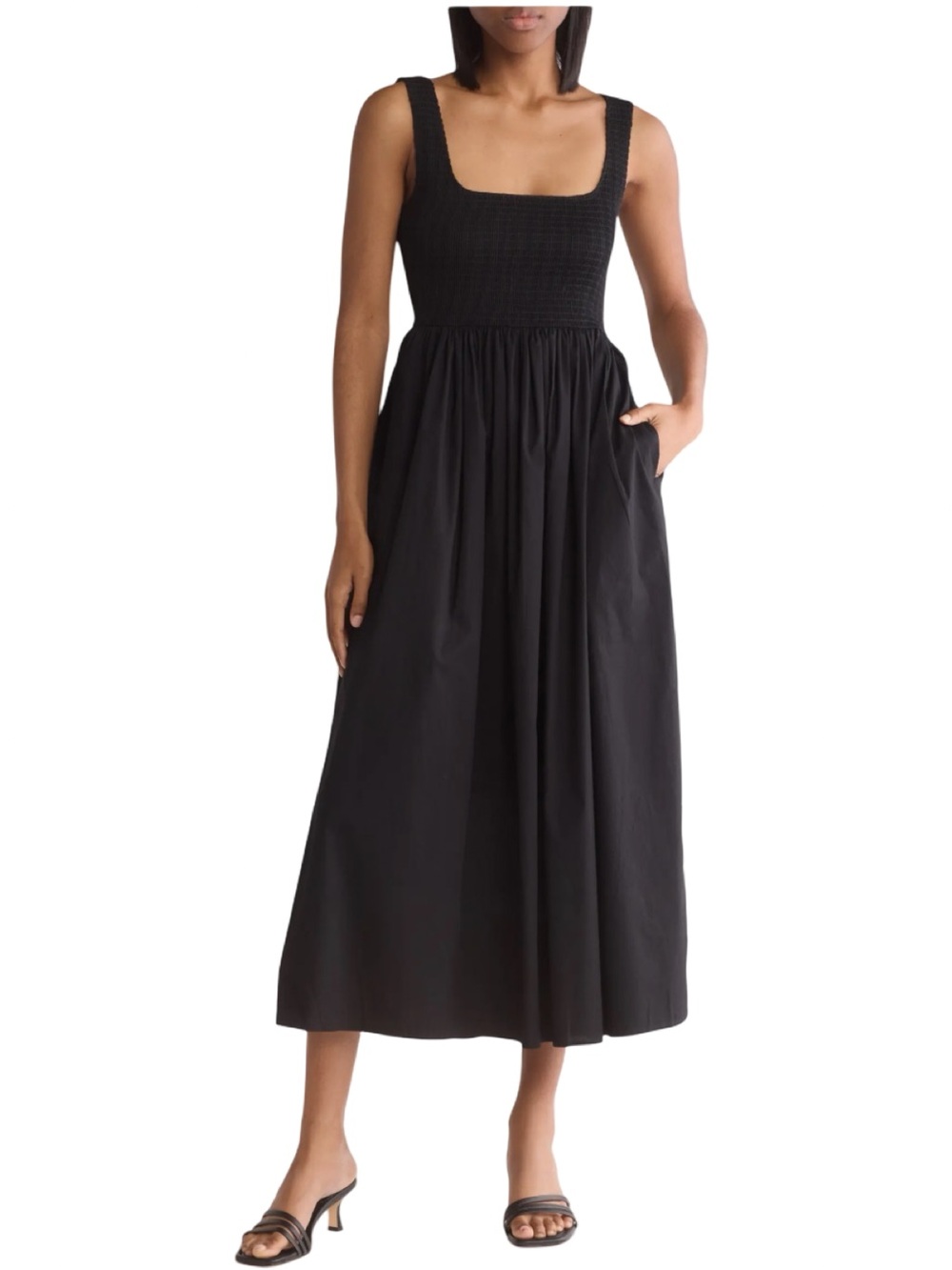 WAYF Smocked Fit & Flare Black Square Neck Midi Sundress Size Small - Picture 14 of 15